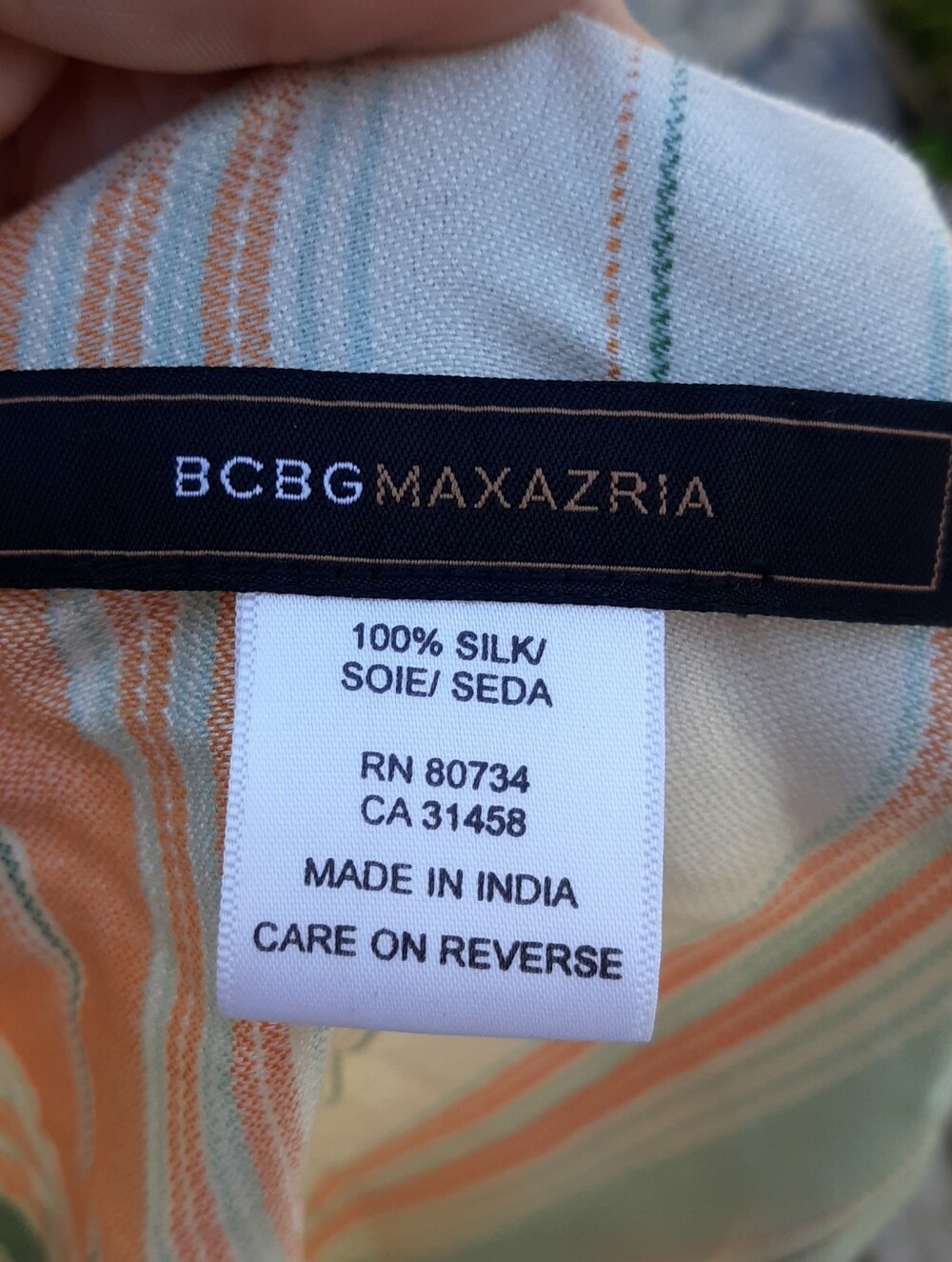 BCBGMAXAZRIA Silk Scarf Orange Green Striped Shawl Wrap Fringe Lightweight 18x80